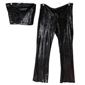 Emma Black Shiny Black Python Zip Up Flare Pants Tube Top‎ Set Size 2